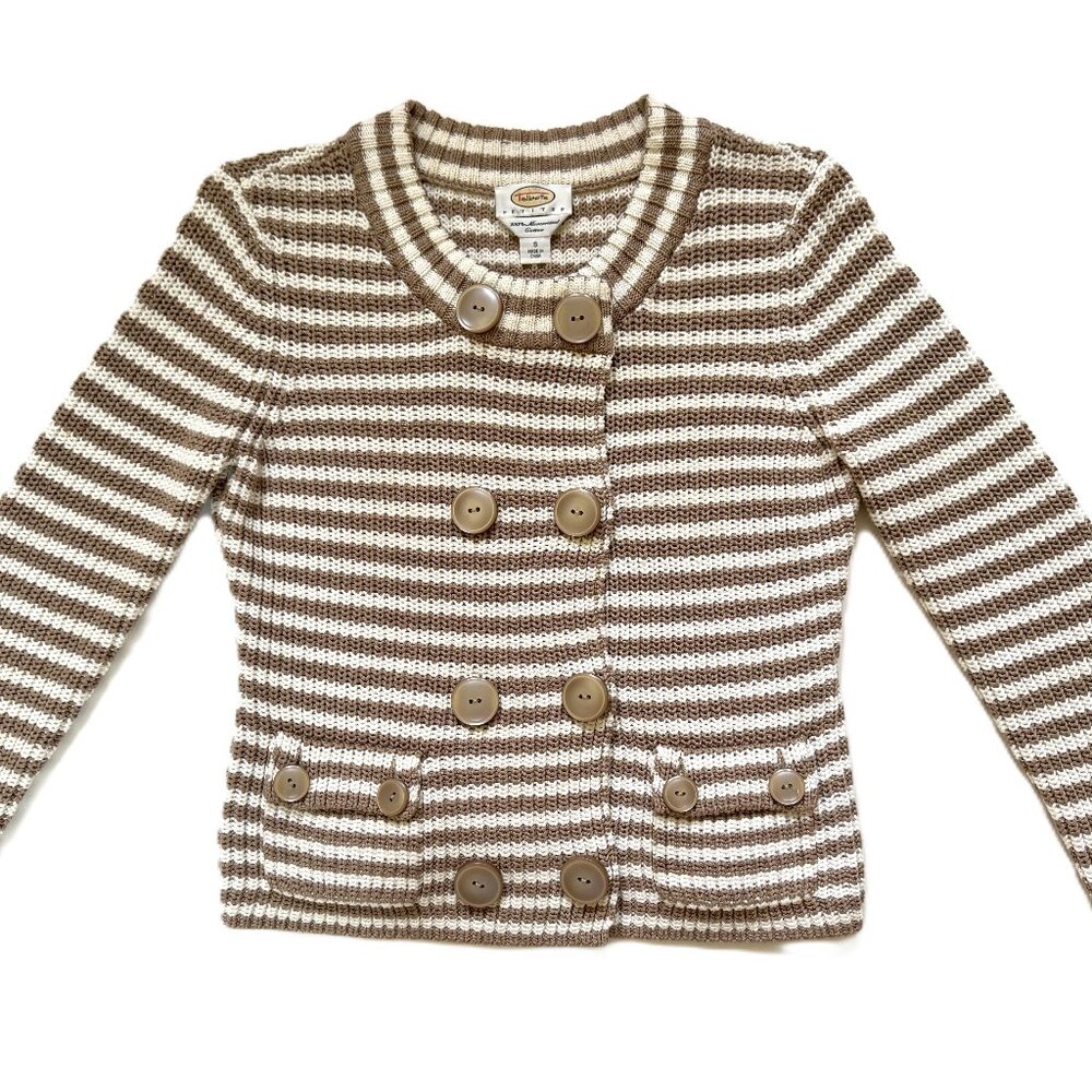 Talbots Women's Tand And White Button Striped Cardigan Sweater Size S
